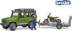 Bruder Land Rover Defender z przyczepą z motocyklem Ducati i figurką motocyklisty (02589)